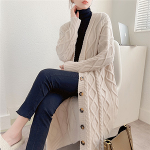 2023 automne nouveauté à manches longues poitrine ouverte gros bouton Super Long câble tricot femmes pull manteau - Product Image 3