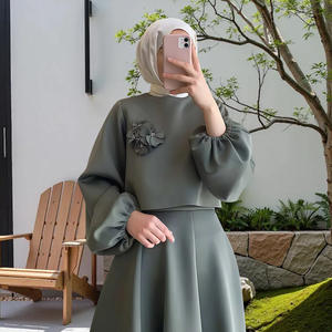 فستان سهرة للنساء المسلمات في الشرق الأوسط، طقم من قطعتين على الطراز الدبي، فستان فضفاض بأكمام فانوس مزين بالزهور، بدلة تنورة نسائية - Product Image 6