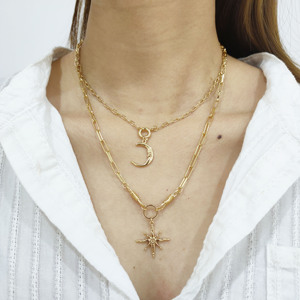 Nouveau <span class=keywords><strong>Collier</strong></span> Tendance 2026 <span class=keywords><strong>pour</strong></span> <span class=keywords><strong>Femme</strong></span>, Bijou <span class=keywords><strong>Fantaisie</strong></span> Coréen Plaqué Or, Chaîne à Maillons Multi-Couches avec Breloques Étoile et Lune - Product Image 3
