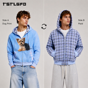 Felpa con Cappuccio Reversibile Personalizzata, Giacca a Doppia Faccia con Stampa Vintage a Quadri, Streetwear <span class=keywords><strong>Y2K</strong></span>, Felpa Pesante con Zip Intera, Vendita all'Ingrosso - Product Image 1