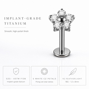 <span class=keywords><strong>Orecchino</strong></span> a perno in titanio G23 all'ingrosso con filettatura interna, zircone a fiore, gioielli per piercing labret, cartilagine, <span class=keywords><strong>trago</strong></span>, senza nichel - Product Image 3