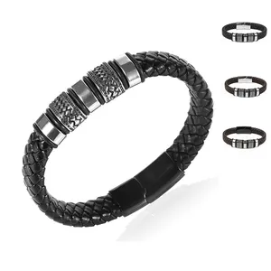 Gelang Lengan Pria Punk Rock, Perhiasan Gelang Bangle 12Mm Hitam Cokelat Asli dengan Bandul Stainless Steel