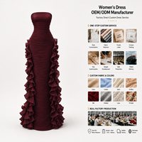 Robe d'été haut de gamme noire et rouge pour femme, coupe midi modeste, volants, coupe droite ample, sans bretelles