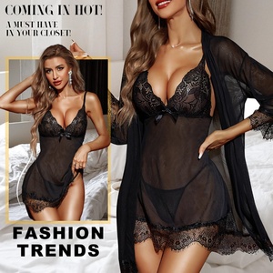 Cx083 grosir gaun Suspender renda seksi jaring lembut pakaian tidur seksi 2 potong dengan jubah berbantalan Lingerie Thong piyama transparan - Product Image 3