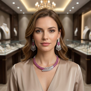 Rhodium Plated Pink <b>Ruby</b> Cubic Zirconia Classic Collar <b>Necklace</b> Dangle Earrings Set Brass Bridal Engagement Jewelry Women - Product Image 1