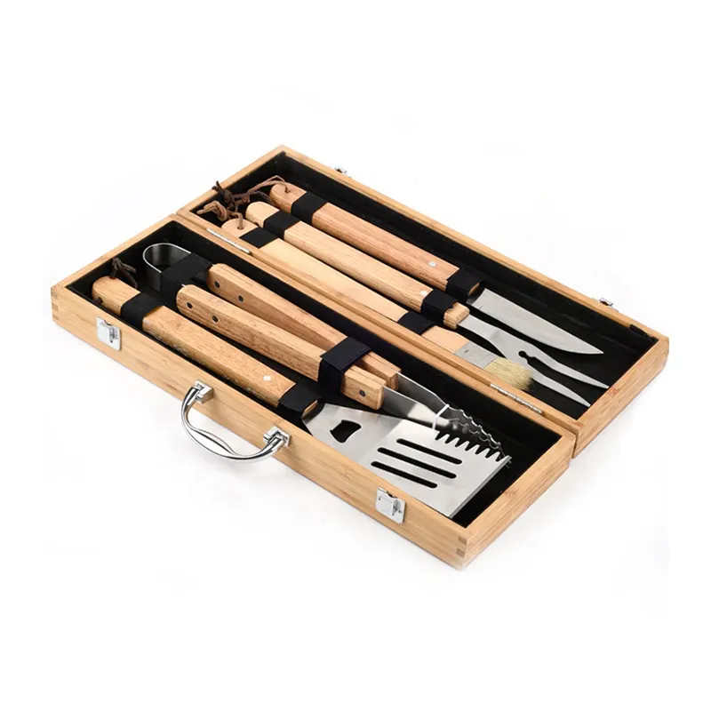 BBQ Accessories 5 Piece Stainless Steel Barbecue Grill Utensil Tools Set Bamboo Wooden Handle BBQ Tool Sets with Wood Box Case