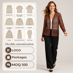 Cardigan da donna personalizzato <span class=keywords><strong>in</strong></span> maglia traforata marrone con <span class=keywords><strong>pizzo</strong></span> trasparente e motivo floreale, lavorato all'uncinetto, leggero, estivo, tipo shrug - Product Image 3
