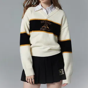 하이 퀄리티 코튼 케이블 니트 스웨터 v 넥 커스텀 패션 학교 스타일 코튼 풀오버 스웨터