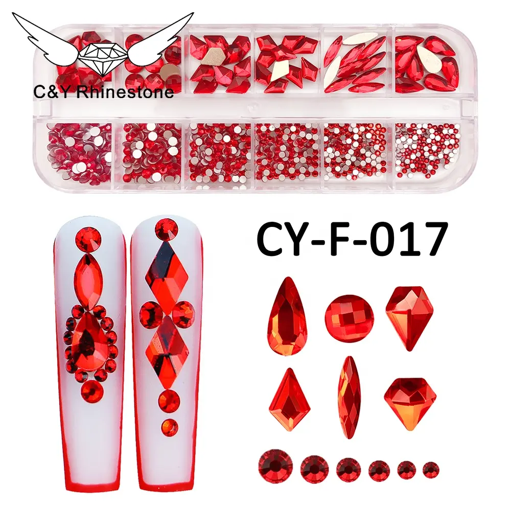 CY Mix Size Nails Art Crystal Cristal Decoration Red Flat Back Rhinestone Set Kits Stone For Nail