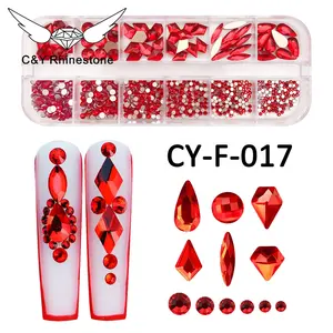 CY Mix Size Nails Art Crystal Cristal Decoration Red Flat Back Rhinestone Set Kits Stone For Nail