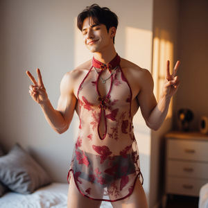 Men's sexy lingerie, red butterfly embroidered sheer cheongsam bodysuit, abstinence-style flirtatious sleepwear, open crotch, - Product Image 4