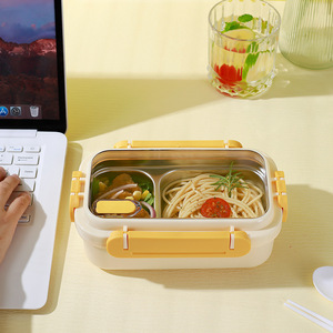 Boîte à lunch en acier inoxydable avec compartiments, compatible micro-ondes, pour étudiants et employés de bureau, couvercle en plastique rectangulaire, couleur unie - Product Image 2