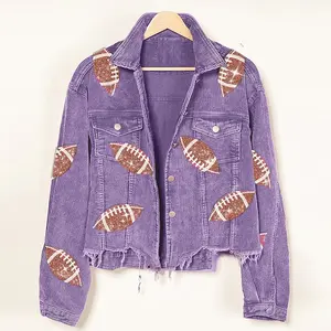 Atacado Lantejoula Corduroy Jacket Mulher Vintage Wash Fringe Shacket Glitter Futebol Bordado Patch Jackets Para As Mulheres