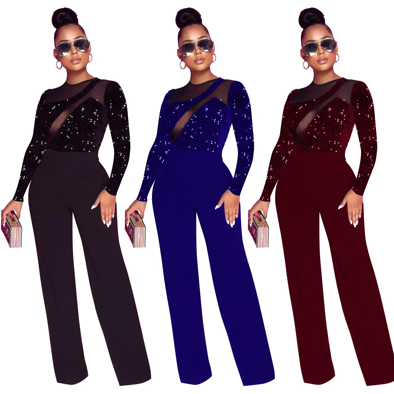 W5096 Schattige Vrouwen Kleding Pailletten Volledige Mouwen Sexy Lady Casual Wijde Pijpen Broek Rompertjes Kerst Party Mesh Patchwork Jumpsuits