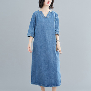 Vendita all'ingrosso <span class=keywords><strong>blu</strong></span> a mezza manica corta tinta unita Casual scollo a V <span class=keywords><strong>lungo</strong></span> <span class=keywords><strong>lungo</strong></span> in cotone Denim Maxi abito da donna <span class=keywords><strong>con</strong></span> tasche - Product Image 6