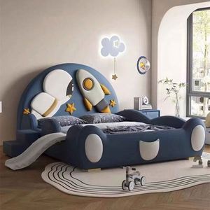Lit d'enfant Astronaute Thème Espace avec Toboggan et Barrières de Sécurité, Moderne, Entièrement en Bois, Revêtement en Coton, Lit Confortable pour Chambre à Coucher Marque Wl - Product Image 1