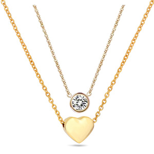 Collier double couche avec pendentif en forme de cœur plaqué or 18 carats et sertissage de diamants pour femme, bijou cadeau - Product Image 1