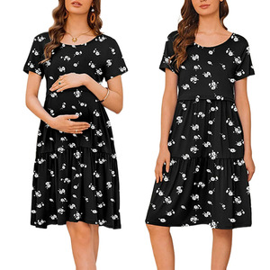 Abito da Allattamento Estivo a Maniche Corte, <span class=keywords><strong>Vestito</strong></span> <span class=keywords><strong>Premaman</strong></span> Casual Mini, <span class=keywords><strong>Nero</strong></span> Floreale in Morbido Cotone Elasticizzato con Scollo a V e Linea ad A - Product Image 2