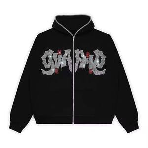 Clothing Manufacturer Custom Cotton Fleece Y2K Grunge Rhinestone Bling Gothic Letter Red Stud Accent Full Zip Men's Hoodies - Product Image 2