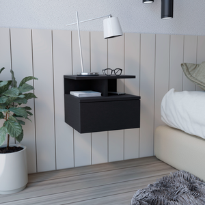 Adele <b>Floating</b> Nightstand <b>Black</b> With Drawer And Open <b>Shelves</b> For Bedroom Use - Product Image 1