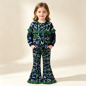 Set Pigiama per Bambine con Stampa Personalizzata OEM, <span class=keywords><strong>Felpa</strong></span> con Volant e Pantaloni a Zampa, Abbigliamento Caldo e Confortevole - Product Image 3