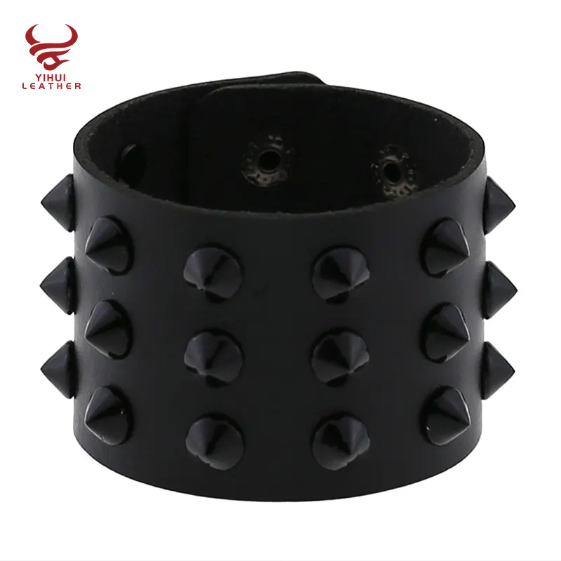 Punk Gothic Rock Row Metal Cone Stud Spikes Rivet PU Leather Wristband Men Bangle Wide PU Bracelet Boys