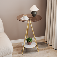 Table d'appoint en fer forgé de style verre brun pour salon, table de chevet de chambre à coucher, table basse double en verre de style minimaliste