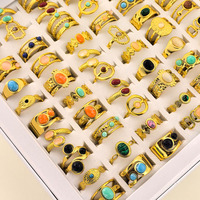 100 Pièces de Bagues en Acier Inoxydable pour Femmes, Plaqué Or 18K, Serties de Pierres Naturelles, Taille Ajustable, Design Tendance, Présentées en Boîtes