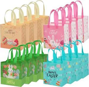 Custom reusable happy rabbit eggs print easter bags pp laminated non woven gift tote bag wholesale with logo for kids