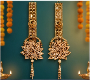 Traditional Indian Gold <b>Mirror</b> Work Shubh Wall Hanging Lotus Decorative Toran For Diwali Wedding Festive Home Room Decor - Product Image 1
