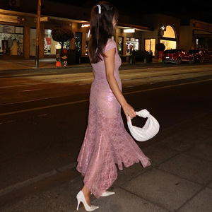 Robe longue en dentelle sans dos, col cœur, taille naturelle, robe de soirée, couleur unie, tissu polyester, tenue décontractée - Product Image 4