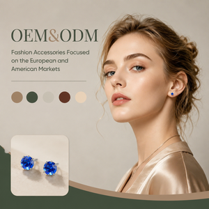 ต่างหูแบบติดหู OEM ODM ขายส่ง ชุบเงิน ประดับเพชรพลอยสีน้ำเงินทรงกลมสี่หนามเตย ต่างหูแบบเดี่ยวสำหรับผู้หญิง - Product Image 1