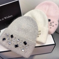 Bonnet en fourrure de lapin angora VISROVER brodé 3D pour femme, tricoté, orné de strass, motif à pois, idéal pour la plage et les affaires