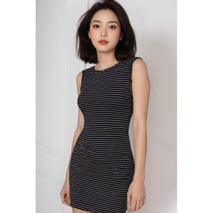 Abito Senza Maniche su Misura, Design Slim Fit a Lunghezza Media che Si Adatta alla Forma del Corpo, Abito a Righe - Product Image 2