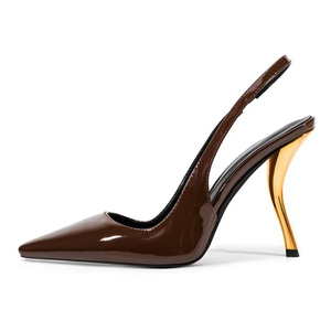 Zapatos de tacón de aguja dorados con correa trasera para mujer, sandalias de vestir con punta y tacón de aguja brillante de charol - Product Image 1