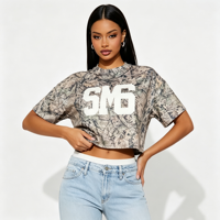 Kaos Crop Top Camo Custom Print Kerah Bulat Lengan Pendek Model Drop Shoulder Vintage Motif Pohon Kamuflase Longgar