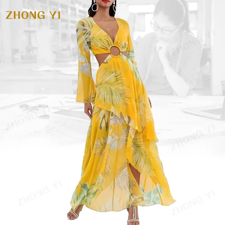 Clothing Design Service Factory Custom Summer Beach Women Dress Extra Long Cutout Ruffled Tulle Fit Elegant Casual Maxi Dress