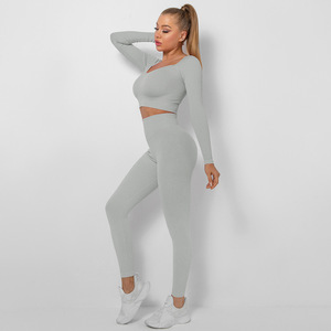 Set <span class=keywords><strong>Fitness</strong></span> da palestra Set 2022 <span class=keywords><strong>donna</strong></span> Crop <span class=keywords><strong>Top</strong></span> manica lunga a coste di alta qualità Leggings lunghi tuta Yoga senza cuciture - Product Image 6