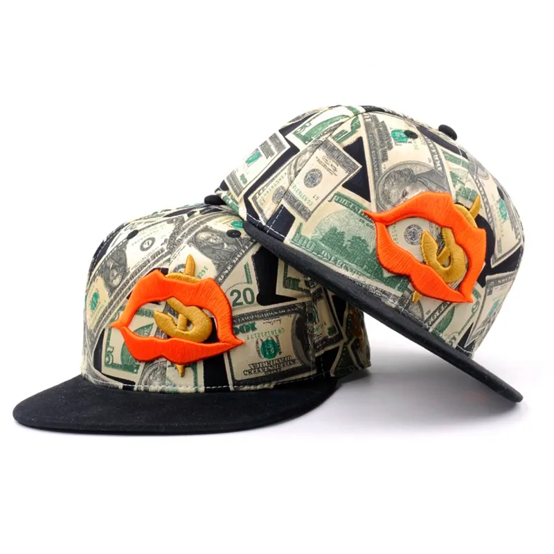 מצחיק מודפס דולר כסף שטוח ביל 6 פנל כותנה snapback כובע כובע 3d פאף רקמה מותאם אישית