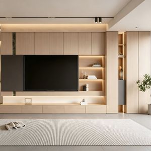 Meubles de salon modernes, luxueux et minimalistes, couleur crème, avec armoires de rangement, meuble TV, ensemble de table basse, design intégré au mur - Product Image 2