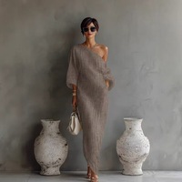 Robe Femme Color Block à Manches Longues, Col en V et Volants, Style Streetwear Printemps-Été, Taille Élastique, Tricotée