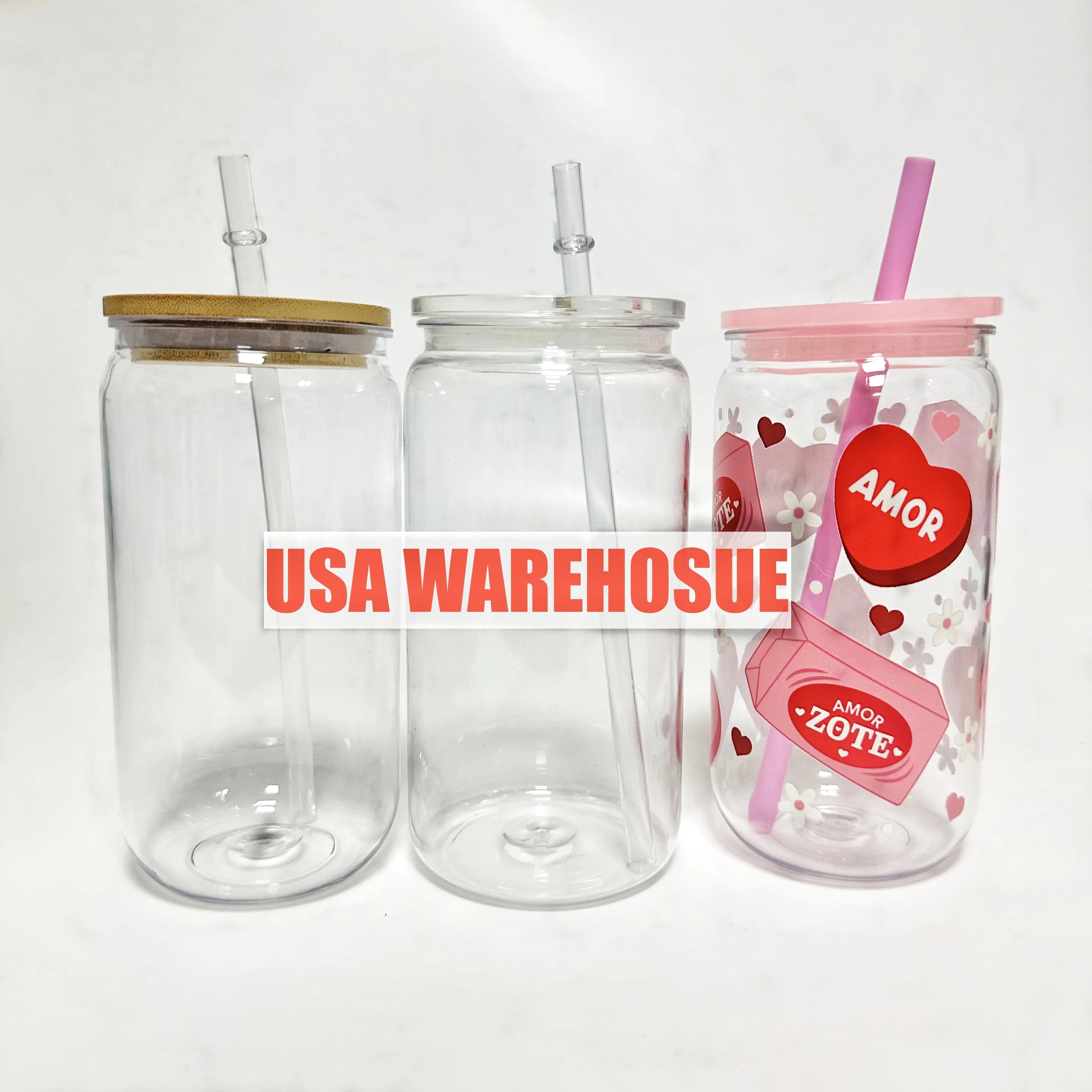 Copo de plástico acrílico com tampa de bambu para impressão UV DTF, copo transparente de cristal reutilizável em forma de lata de cerveja de 16 onças, armazém dos EUA