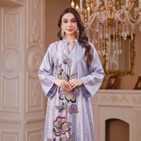Abaya Jacquard pour Femme, Col Montant Décontracté, Broderie Florale à Paillettes et Perles, Grande Taille, Manches Longues, Robe Longue Modeste de Dubaï