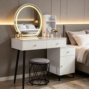 Modern <b>Makeup</b> <b>Vanity</b> With Lighted <b>Mirror</b> Storage Drawers Bedroom Dressing Table With Stool - Product Image 5