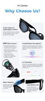 Lunettes photo intelligentes M01 Pro Ai avec caméra 8MP et écouteurs sans fil Bluetooth, support de traduction et assistant vocal