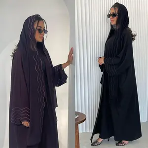 Eid Moslim Hijab Abaya Voor Vrouwen Open Borduurwerk Abaya Met Sjaal Vest Jalabiya Feestjurken Dubai Kaftan Moslim Lange Gewaad