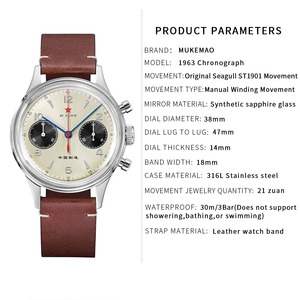 Sao Đỏ 1963 nam sang trọng 38mm cơ khí Đồng hồ đeo tay ban đầu st1901 phong trào cổ ngỗng Sapphire da ban nhạc nam chronograph - Product Image 6