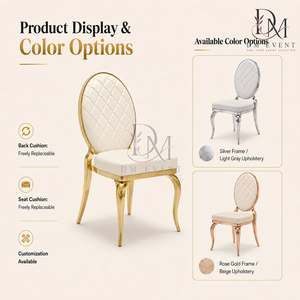 Silla de Recepción de Boda de Acero Inoxidable Dorado con Respaldo Ovalado Acolchado de Diamantes y Cojín Blanco para Salones de Banquetes, Asientos al por Mayor - Product Image 5