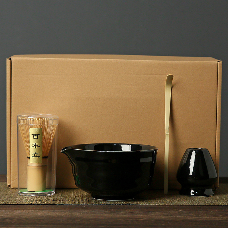 Bol à matcha noir brillant set 4 pièces (exian) + boîte