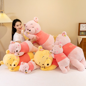 Nouveau style d'ours en peluche jaune, poupée ours en fourrure de lapin, oreiller ours couché, cadeau d'anniversaire pour filles - Product Image 1